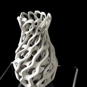 May include: A white, abstract vase with a unique, openwork design. The vase features a series of interconnected, flowing lines that create an intricate, organic form. The vase is displayed against a black background.