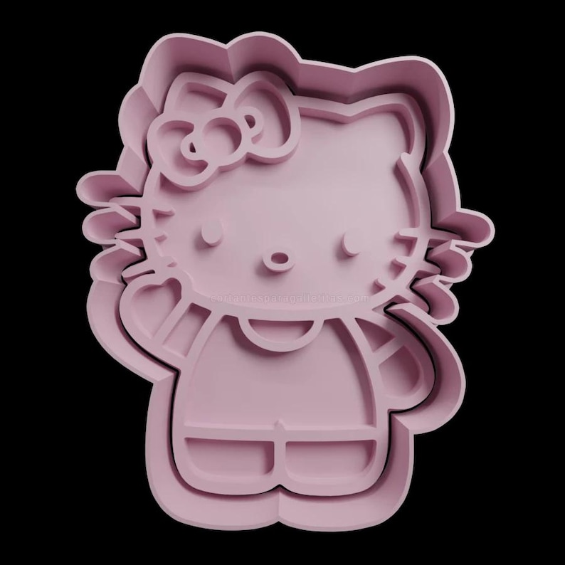 May include: Pink plastic cookie cutter shaped like Hello Kitty. The cutter has a bow, a face with whiskers, and a simple dress.