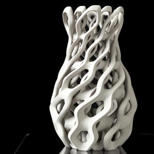 May include: A white, intricately designed vase with a unique, open-weave pattern. The vase has a bulbous base and a flared top, with a series of interconnected, curved lines creating an open, airy structure. The vase is set against a black background.