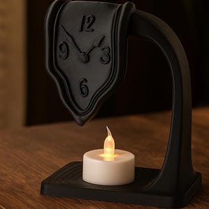Könnte beinhalten: Eine schwarze, schmelzende Uhrenskulptur mit einer weißen Kerze. Das Zifferblatt hat die Zahlen 12, 3, 6 und 9. Die Kerze steht auf einem schwarzen Sockel, und die Uhr wird von einem gebogenen schwarzen Ständer getragen.