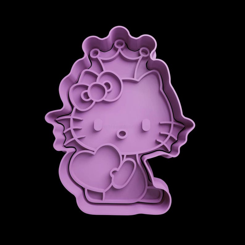 May include: Purple plastic cookie cutter shaped like a cartoon cat wearing a crown and holding a heart.