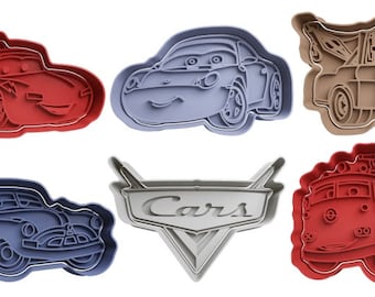 May include: Set of six cookie cutters featuring characters from the Disney Pixar movie Cars. The cutters are made of metal and are shaped like Lightning McQueen, Mater,  Doc Hudson,  Luigi,  and  the Cars logo.