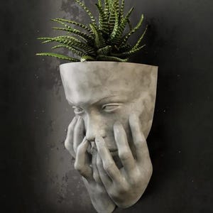 Peut inclure: Un pot en béton gris en forme de visage humain avec des mains qui couvrent la bouche. Une plante succulente verte pousse au sommet du pot.