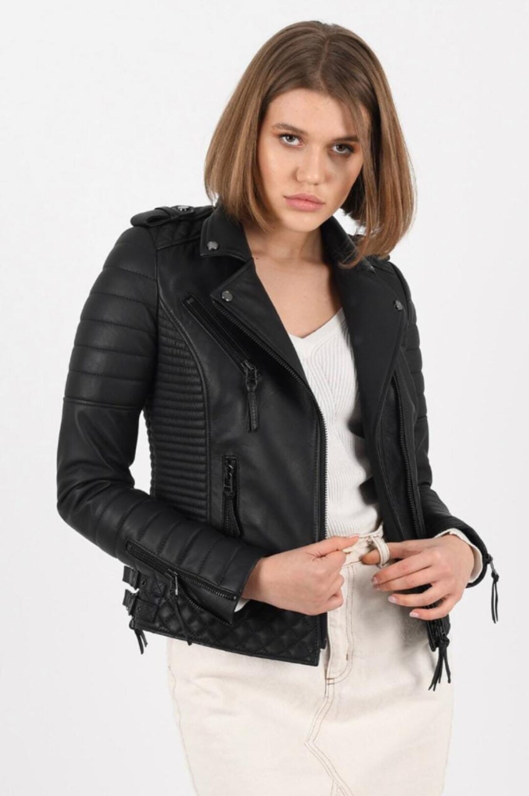 Women's Leather Jackets Cross Zipper Motorcycle Biker Lambskin Leather Jacket Etsy