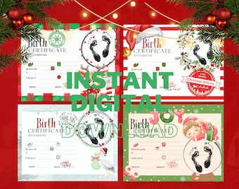 Könnte beinhalten: Vier druckbare Weihnachts-Geburtsurkunden für Babys. Jedes Design zeigt eine andere festliche Illustration, darunter ein Rentier, eine Weihnachtsmütze, ein Storch und ein Schneemann. Jedes Zertifikat bietet Platz für den Namen des Babys, das Geburtsdatum und das Geburtsjahr.