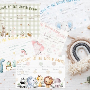 Könnte beinhalten: Eine Auswahl an Babykarten mit dem Text "WELCOME TO THE WORLD BABY!". Jede Karte zeigt Illustrationen von Tieren wie Elefanten und Giraffen. Die Karten bieten Platz für die Eintragung von Babydaten wie Name, Geburtsdatum, Gewicht und Länge.