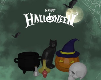 Halloween Papercraft bundle, Create Your Own 3D Halloween decor, Origami pumpkin, Paper Sculpture, PDF Template