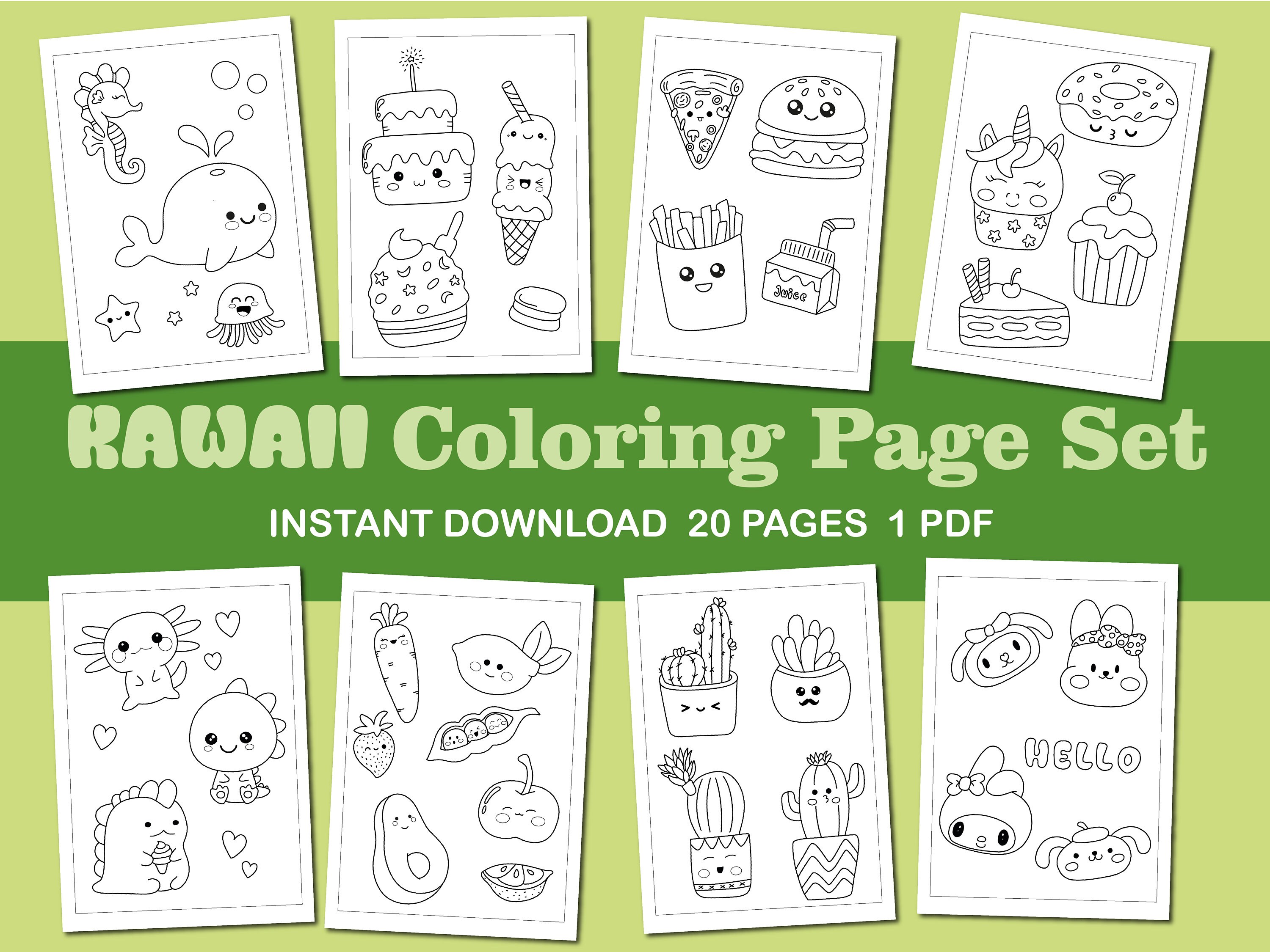 20 Kawaii Coloring Pages, Printable PDF, Coloring Book for Kids, Cute
