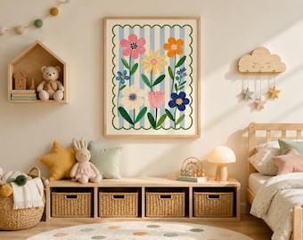Pastel Floral Nursery Print | Scallop Border Wall Art | Cottagecore Kids Room Decor