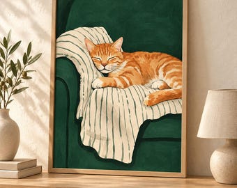 Sleeping Orange Tabby Cat Wall Art, Green Armchair Print