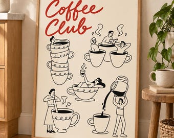Coffee Club Poster, Retro Kitchen and Café Bar Decor