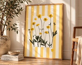 Quadro botanico giallo da parete, stampa di fiori pressati, poster floreale retrò a righe