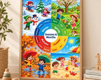 Seasons and Months Poster for Kids, Colorful Preschool Classroom Chart