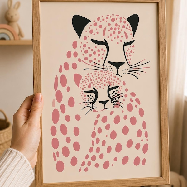 Kunstdruck „Mutter und Baby mit rosa Leopard“, Safari-Wanddeko fürs Kinderzimmer (Digitaler Download)