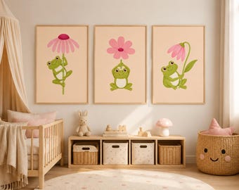 Frog Nursery Wall Art Set: Pink Flower Prints, Woodland Animal Decor (3 Prints)