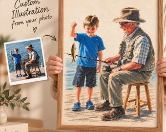 Ritratto personalizzato del nonno da foto, regalo personalizzato per gli appassionati di pesca, ricordo di famiglia.