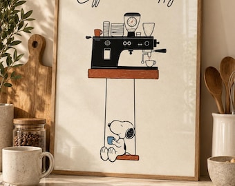Decorazione murale con Snoopy a tema caffè, poster retrò per la cucina con espresso, simpatico arredo per il bar.