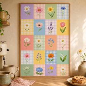 Può includere: Una stampa artistica da parete rettangolare con una griglia di venti quadrati individuali, ognuno dei quali mostra una diversa illustrazione botanica di fiori su uno sfondo a quadretti vichy pastello nei toni del giallo, blu, rosa, verde e viola.