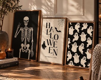 Set di 3 stampe da parete per Halloween, con scheletri e fantasmi, decorazioni gotiche e spettrali per la casa.