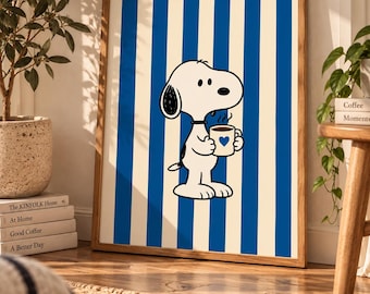 Decorazione murale con Snoopy e tema caffè, poster da cucina a righe blu, arredamento retrò per bar.