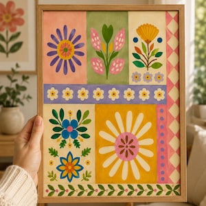Stampa floreale in stile folk / Decorazione murale colorata in stile cottagecore / Poster floreale vintage / Decorazione murale per la cucina