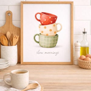 Utskrivbar väggkonst för kaffe, citat om långsamma morgnar, minimalistisk köksinredning, neutral caféaffisch, digital nedladdning