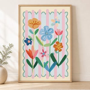 May include: A framed art print depicting a collection of vibrant flowers in orange, blue, pink, and red hues. The floral arrangement is set against a striped backdrop with a scalloped edge, all within a wooden frame.