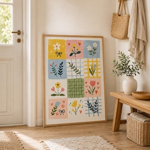Può includere: Una stampa artistica da parete rettangolare incorniciata con una griglia di dodici quadrati, ognuno dei quali mostra illustrazioni colorate di fiori, foglie e piccoli cuori nelle tonalità del giallo, rosa, blu e verde su sfondi a tinta unita o a quadri.