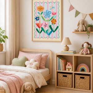 May include: A framed floral art print with a light wood frame. The artwork features colorful flowers on a light blue and pink striped background. The room also includes a bed, shelves, and toys.
