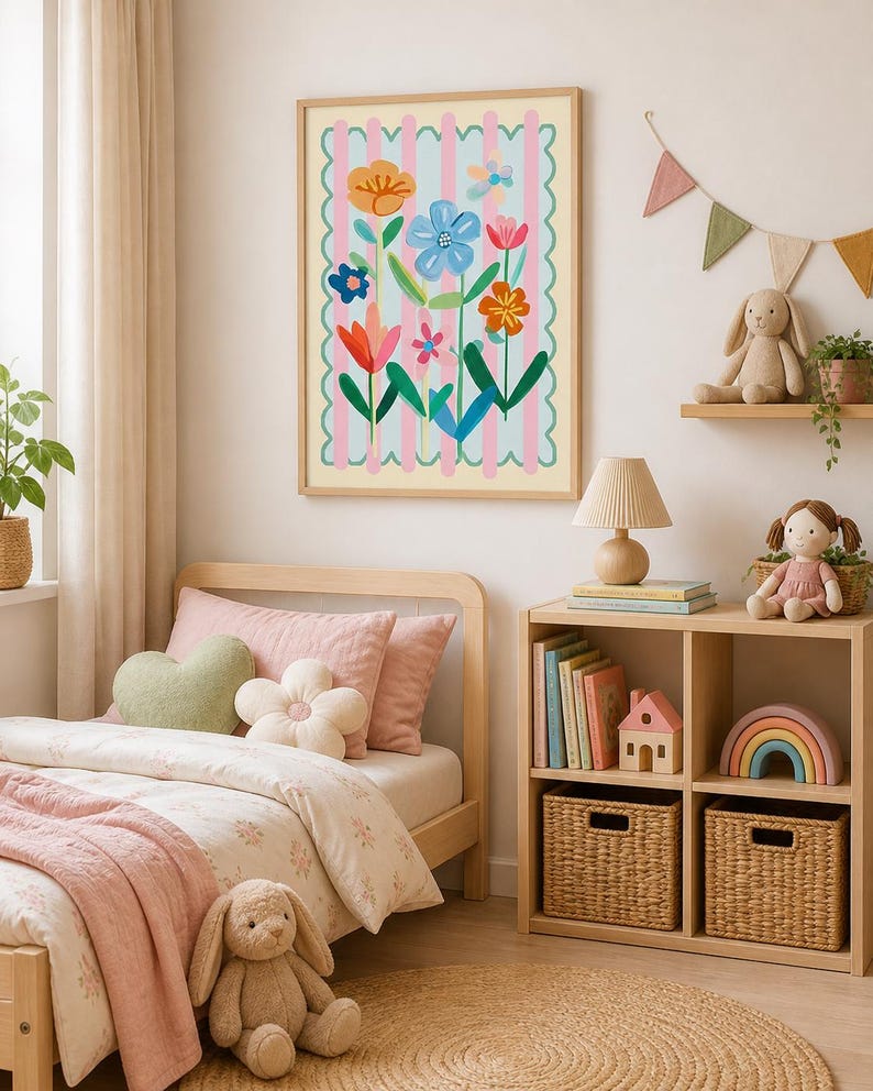 May include: A framed floral art print with a light wood frame. The artwork features colorful flowers on a light blue and pink striped background. The room also includes a bed, shelves, and toys.