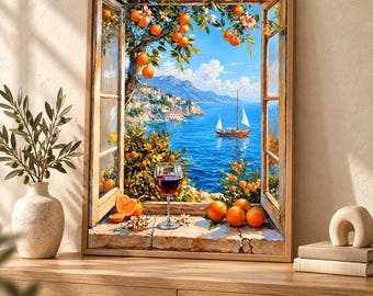 Mediterranean Orange Tree Wall Art, Coastal Wine Scene