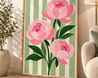 Quadro con peonia rosa, poster floreale a righe verde salvia