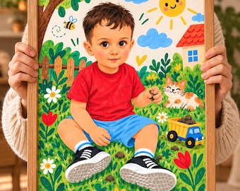 Ritratto personalizzato di bambino da foto, illustrazioni fiabesche e fantasiose per bambini e camerette.