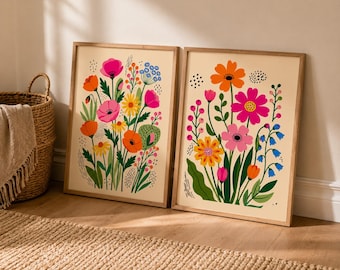 Juego de 2 láminas botánicas coloridas / Arte mural floral escandinavo moderno (descarga digital)