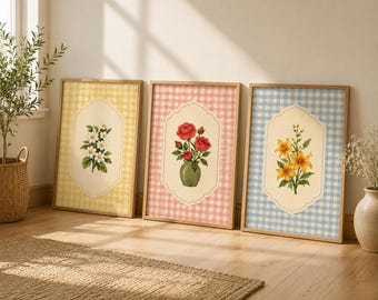 Conjunto de estampado floral de cuadros vichy, arte de cocina vintage estilo cottagecore (descarga digital)