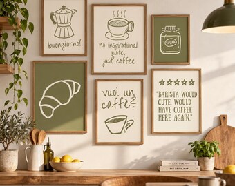 Set di 6 stampe da parete a tema caffè italiano, colore verde salvia, perfette per decorare la cucina.