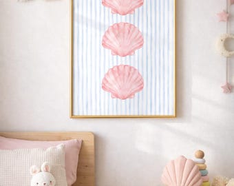 Seashell Nursery Wall Art, Pink Coastal Printable Decor, Beach House Kids Room Poster