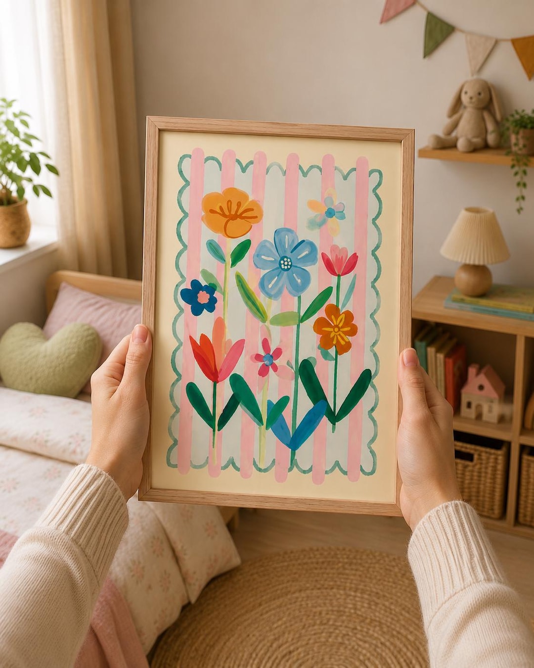 Striped Floral Wall Art Printable, Pastel Flower Poster, Whimsical Nursery Decor, Digital 