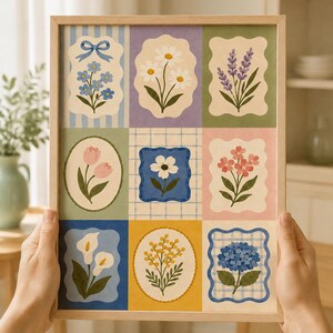 Pastel Floral Patchwork Wall Art, Cottagecore Gingham Flower Nursery Poster