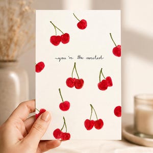 Tarjeta de felicitación con acuarela de cerezas, dulce nota de amor, papelería de San Valentín (descarga digital)
