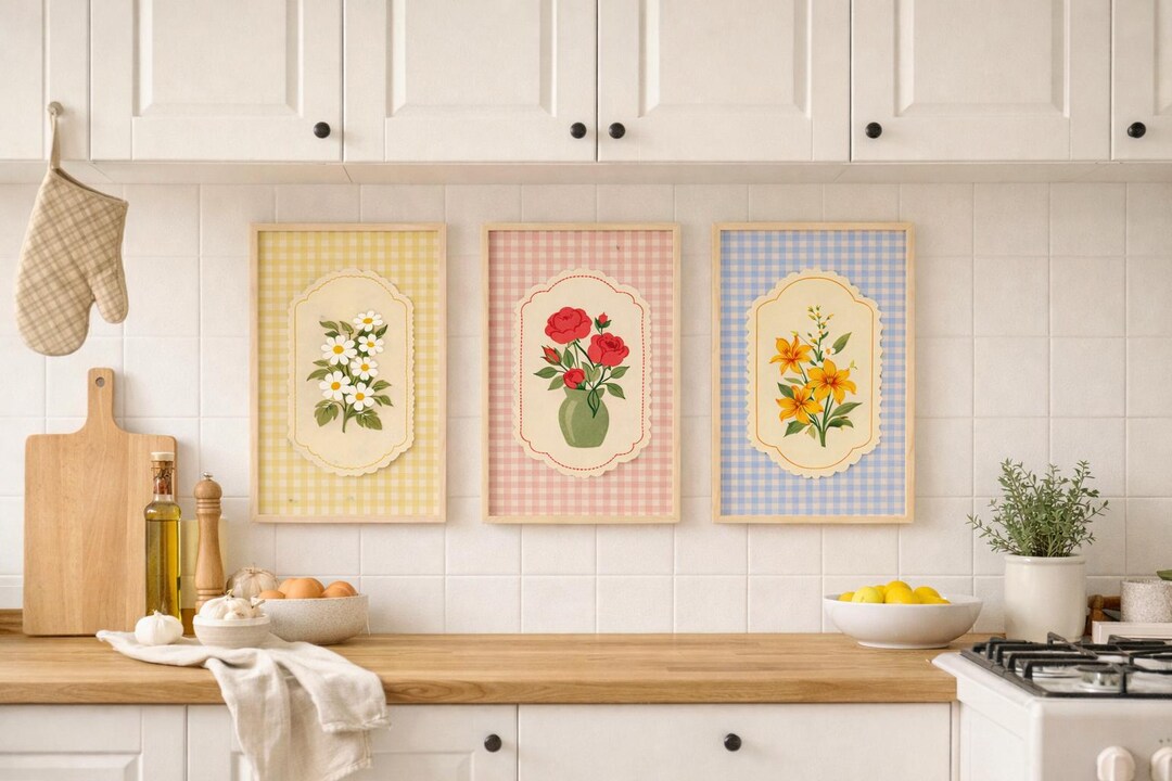 vintage floral kitchen scene clipart set graphic by... Gingham Floral Print Set, Vintage Cottagecore Kitchen Art (digital ...