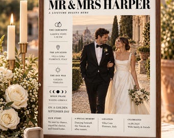 Ritratto di matrimonio personalizzato in stile giornale, storia di coppia personalizzata, ricordo fotografico.