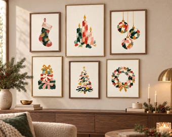 Set di 6 quadri natalizi colorati da appendere al muro, pacchetto di poster natalizi in stile pittorico