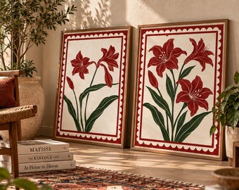Set di quadri con amarilli rossi, poster floreali folk vintage