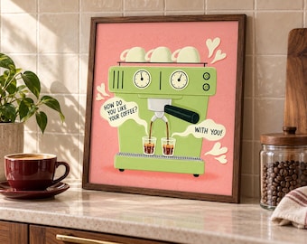 Decorazione murale a tema macchina da caffè espresso retrò, poster con citazione sul caffè rosa e verde.