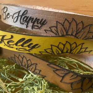 Sunflower Leather Wristlet, "Be Happy", customizable, SVG, dxf, Laser Cut File, Lightburn, xcs, Glowforge, Cricut, DIGITAL Download