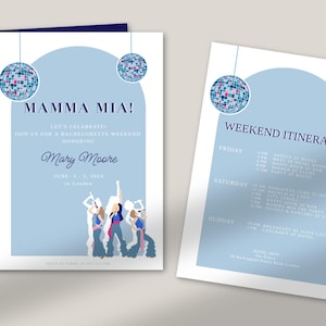 Invitaciones y itinerario para despedidas de soltera Mamma Mia / Plan de fin de semana para despedidas de soltera Mamma Mia