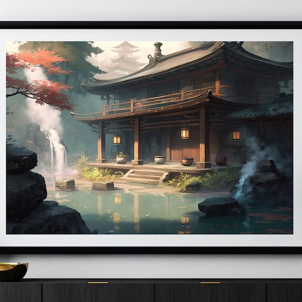 Japan Bath House and Onsen Wall Art, AI Generated Digital Download Poster, Printable Paintings and Prints, Kawaii Relaxing Room Decor