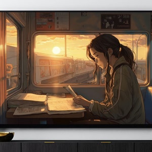 Anime Poster - Lofi Girl Art Print, Sunset Digital Print, AI Generated Art, Cozy Aesthetic Print, Gift for Anime Fan, Kawaii Room Decor