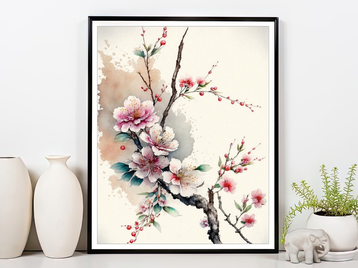 Cherry Blossom Tree Flower Market Print, Japanese Pink Sakura Painting ...